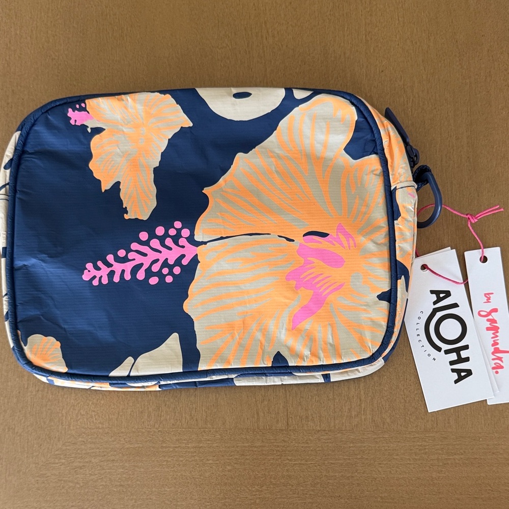 ALOHA Collection Navy and Pink Floral Cosmetic Bag